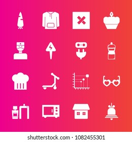 Premium set with fill vector icons. Such as glasses, home, hospital, fashion, clothing, cake, scooter, sweet, food, jacket, data, vegetable, notification, sign, restaurant, energy, doughnut, microwave