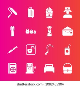 Premium Set With Fill Vector Icons. Such As Food, Glass, Car, Care, Drink, Security, Lock, Brush, Snack, Liquid, Passport, Fuel, Gardening, Station, French, Paint, Roller, Open, Document, Health, Pump