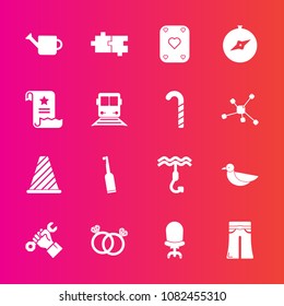 Premium set with fill vector icons. Such as hook, plant, female, traffic, romance, dental, puzzle, builder, pants, fashion, wedding, comfortable, interior, foreman, road, toothbrush, armchair, poker