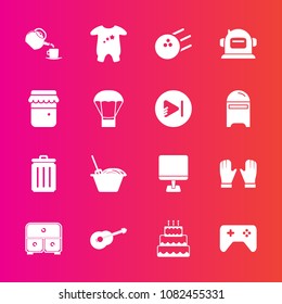 Premium set with fill vector icons. Such as sport, dessert, space, sweet, pc, recycling, chinese, glass, jar, balloon, tea, music, drawer, joystick, clothing, ball, garbage, guitar, can, game, jam