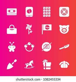 Premium set with fill vector icons. Such as bar, toy, child, baby, sweet, infant, gift, construction, tape, equipment, music, japan, package, cassette, rattle, audio, cutlery, dessert, fork, beauty