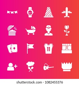 Premium set with fill vector icons. Such as luxury, poker, royal, food, queen, chief, time, america, chef, baby, celebration, watch, travel, supermarket, restaurant, traffic, nation, play, market, add