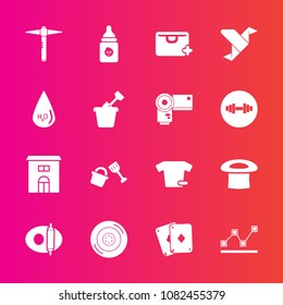 Premium set with fill vector icons. Such as bucket, shirt, origami, bag, poker, real, nutrition, paper, drink, plastic, graph, drop, wheel, white, kitchen, clothes, stats, chart, add, milk, shovel