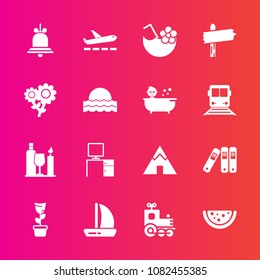 Premium set with fill vector icons. Such as toy, airplane, work, nature, arrow, wind, juice, summer, outdoor, glass, locomotive, travel, alert, bell, office, transport, tent, food, pot, floral, plant