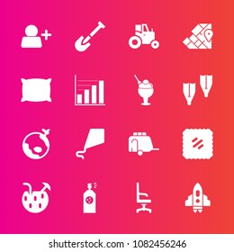 Premium set with fill vector icons. Such as glass, train, cocktail, account, summer, fun, letter, rocket, craft, tool, stamp, sign, space, armchair, comfortable, agriculture, flight, plane, chair, joy