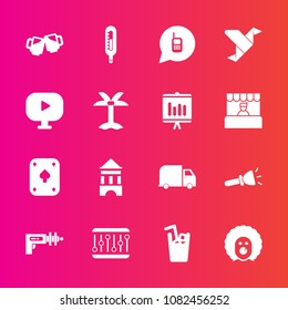 Premium set with fill vector icons. Such as lamp, beer, play, thermometer, science, pub, war, light, temperature, flashlight, juice, circus, telephone, creative, concept, sign, summer, electric, media