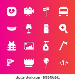 Premium set with fill vector icons. Such as celebration, projector, transport, king, sausage, machine, safety, street, bus, transportation, hand, spanner, food, photo, projection, hammer, image, queen
