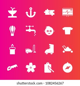 Premium set with fill vector icons. Such as water, kitchen, parachute, housework, vacuum, architecture, blossom, cutlery, saw, fountain, sakura, compass, wax, puzzle, anchor, roller, health, spring