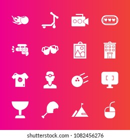 Premium set with fill vector icons. Such as element, fun, kid, space, child, bird, video, pin, meat, mouse, device, camera, baby, sport, scooter, dental, white, film, healthy, clothing, astronomy