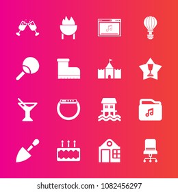 Premium set with fill vector icons. Such as equipment, building, juice, furniture, barbecue, food, jump, pie, construction, chair, time, business, dessert, grill, estate, gadget, house, table, leisure