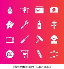 Premium set with fill vector icons. Such as flame, equipment, sport, roll, schedule, brush, newborn, fresh, tv, baby, roller, asian, bed, tool, fireplace, toy, fruit, exotic, weight, paint, bonfire