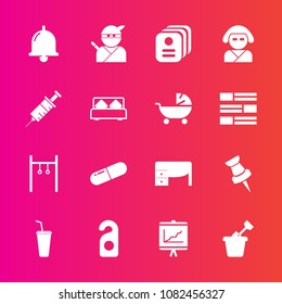 Premium set with fill vector icons. Such as bell, identity, japanese, document, ring, sport, juice, child, sign, medicine, work, pin, hotel, beautiful, weapon, geisha, drink, label, annual, summer, id