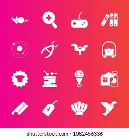 Premium set with fill vector icons. Such as system, housework, sea, meat, tag, drum, paper, science, office, clothes, play, marine, art, file, planet, glass, space, instrument, game, axe, fashion, pin
