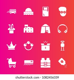 Premium set with fill vector icons. Such as carriage, bus, rattle, child, queen, android, package, vest, transport, king, container, white, bottle, robot, jacket, stroller, futuristic, crown, sunrise