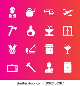 Premium set with fill vector icons. Such as hammer, cocktail, glass, boy, male, kitchen, transport, man, accident, bar, car, fitness, vehicle, award, wrench, tv, tow, flight, honey, add, health, sport