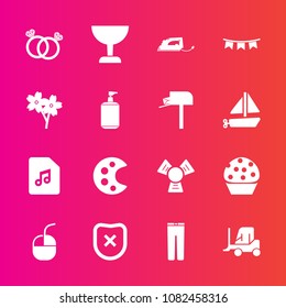 Premium set with fill vector icons. Such as drawing, cargo, cooler, protection, glass, sound, food, electric, safety, happy, romance, work, engagement, cold, cake, iron, celebration, transport, music