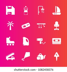 Premium set with fill vector icons. Such as sky, fun, energy, dryer, sport, diskette, cleaner, transportation, hair, teapot, japanese, bath, beverage, audio, joy, travel, , broom, truck, music, summer