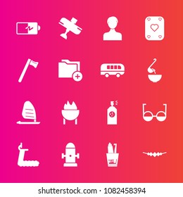 Premium set with fill vector icons. Such as sport, airplane, spray, gym, poker, play, food, safety, game, aircraft, flight, meat, fire, battery, jewelry, account, equipment, paint, user, sea, plane