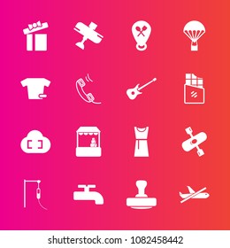 Premium set with fill vector icons. Such as kayak, grocery, present, water, medical, sky, jump, extreme, dress, shop, communication, guitar, parachuting, travel, market, restaurant, stamp, clothing