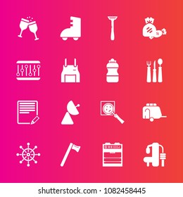 Premium set with fill vector icons. Such as wheel, sign, sport, exercise, sweet, wrench, antenna, fitness, van, vehicle, transport, magnifier, radio, kitchen, helm, write, text, candy, roller, ship