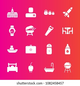 Premium set with fill vector icons. Such as rocket, ocean, bottle, spice, health, sea, salt, bbq, energy, building, boat, launch, technology, social, emergency, weight, barbecue, contact, plastic, car