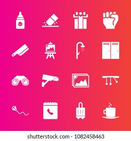 Premium set with fill vector icons. Such as summer, bag, gift, luggage, cup, milk, holiday, safety, picture, frame, image, bottle, white, present, photo, cafe, coffee, sign, celebration, nutrition