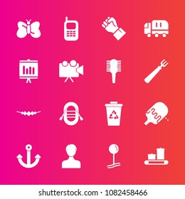 Premium set with fill vector icons. Such as waste, profile, boat, dessert, human, travel, necklace, transport, account, cream, communication, accessory, marine, telephone, pin, garbage, map, insect