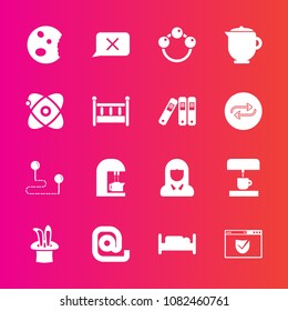 Premium set with fill vector icons. Such as bedroom, website, double, communication, chat, dessert, point, closed, young, face, map, woman, caffeine, position, message, destination, coffee, doughnut