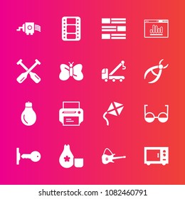 Premium set with fill vector icons. Such as cheese, business, sign, guitar, oven, sake, printer, power, food, technology, analytics, cuisine, japan, bulb, cooking, grater, musical, door, microwave