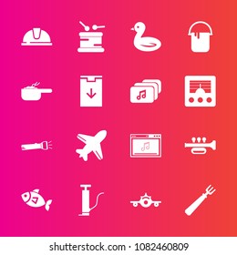 Premium set with fill vector icons. Such as airplane, sign, nature, lamp, departure, music, trumpet, seafood, paint, flashlight, meal, wildlife, animal, work, sea, plane, file, white, sound, dinner