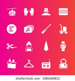 Premium set with fill vector icons. Such as groom, exploration, button, music, media, astronaut, cosmonaut, cosmos, fire, love, hanger, screwdriver, tie, rail, tool, fashion, candle, smart, menu, file