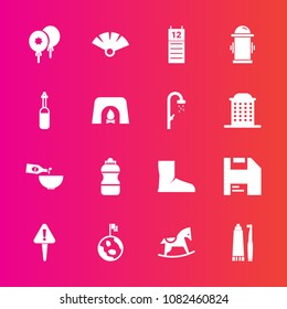 Premium set with fill vector icons. Such as hygiene, water, toothbrush, space, child, safety, birthday, boot, hydrant, planet, traditional, danger, agenda, exclamation, calendar, sensu, computer, mark