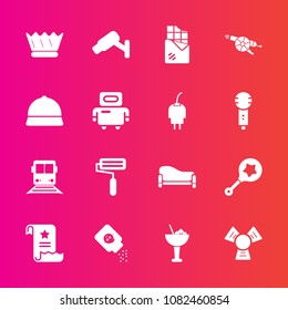 Premium set with fill vector icons. Such as luxury, infant, sweet, king, toy, cocktail, office, couch, roller, baby, powder, home, royal, safety, crown, roll, rattle, interior, glass, dessert, paper