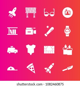Premium set with fill vector icons. Such as sign, wax, fashion, book, restaurant, play, pizza, candle, eyeglasses, street, baby, hat, dinner, clothing, screen, theater, microphone, rocket, cutlery, tv