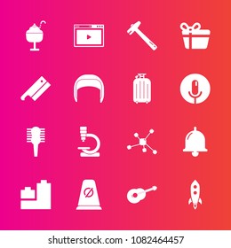 Premium set with fill vector icons. Such as care, spanner, research, dessert, technology, equipment, internet, hair, atom, ball, hammer, ice, food, sweet, rocket, gift, brush, musical, alarm, play