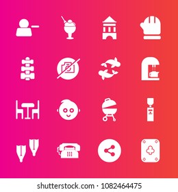 Premium set with fill vector icons. Such as furniture, winter, sign, game, summer, season, barbecue, cream, grill, gym, gallon, sea, communication, sport, dessert, warm, media, ice, scarf, water, food