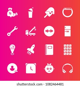 Premium set with fill vector icons. Such as time, music, bar, beverage, candy, notebook, map, ice, paper, remove, drink, hour, dessert, technology, sad, wrench, gadget, user, location, watch, smart