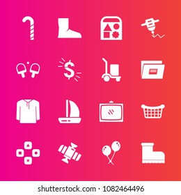 Premium set with fill vector icons. Such as work, ship, drill, market, television, equipment, fashion, sport, candy, orbit, game, clothing, fun, decoration, bear, play, room, sweet, celebration, boot