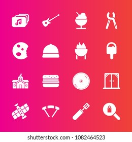 Premium set with fill vector icons. Such as sky, dvd, technology, station, guitar, parachuting, file, kitchen, food, fashion, government, reparation, planet, female, disc, hamburger, window, home, cd