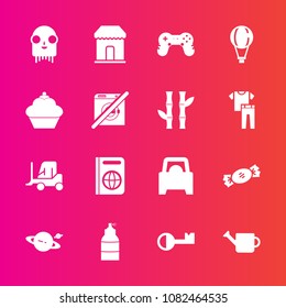 Premium set with fill vector icons. Such as immigration, can, lollipop, parachute, sale, equipment, vehicle, gardening, key, doughnut, saturn, travel, ufo, tourism, delivery, candy, shop, dont, wash