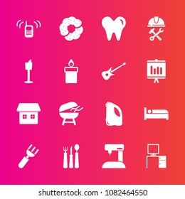 Premium set with fill vector icons. Such as desk, barbecue, sew, machine, phone, industry, dentist, doughnut, home, equipment, dinner, restaurant, health, healthy, ringing, sweet, travel, fork, call