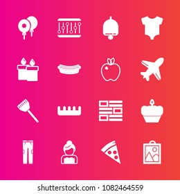 Premium set with fill vector icons. Such as sausage, picture, celebration, bell, birthday, wax, ring, beauty, kid, pants, hair, lunch, clothes, image, internet, cooking, doughnut, fashion, bride, love