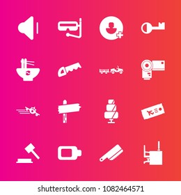 Premium set with fill vector icons. Such as bowl, ticket, departure, music, account, summer, travel, dessert, flight, noodle, desk, volume, justice, sign, battery, business, doughnut, cutlery, food