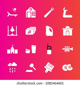 Premium set with fill vector icons. Such as food, coffee, sweet, drawing, telephone, fitness, rainy, drink, law, cookie, communication, rain, mobile, house, weather, brush, gym, trumpet, vacation, cup