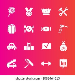 Premium set with fill vector icons. Such as crown, brush, communication, spoon, lollipop, jacket, sweet, paint, wrench, equipment, royal, tool, king, award, luxury, roller, transportation, report, gym
