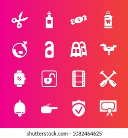 Premium set with fill vector icons. Such as beverage, diploma, alarm, lollipop, ring, health, gadget, lock, movie, frame, achievement, watch, entertainment, unlock, award, bell, screen, boat, canoe