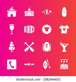 Premium set with fill vector icons. Such as tower, belt, kayak, boat, activity, food, city, architecture, repair, wine, concept, space, paddle, glass, alien, kayaking, river, ufo, summer, red, hammer