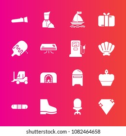 Premium set with fill vector icons. Such as gift, torch, fashion, medical, celebration, post, wind, board, cake, fireplace, cargo, diamond, night, restaurant, waiter, letter, delivery, envelope, warm