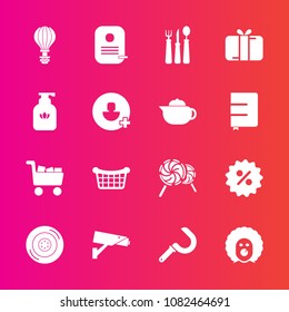 Premium set with fill vector icons. Such as present, clown, scary, restaurant, commerce, agriculture, lollipop, auto, surveillance, food, sky, percent, cart, sickle, tire, fork, circus, store, safety