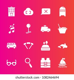 Premium set with fill vector icons. Such as bus, real, speed, closed, parachuting, sky, cloud, post, glass, clothing, hippie, sea, glasses, business, doughnut, estate, road, mailbox, protective, chat